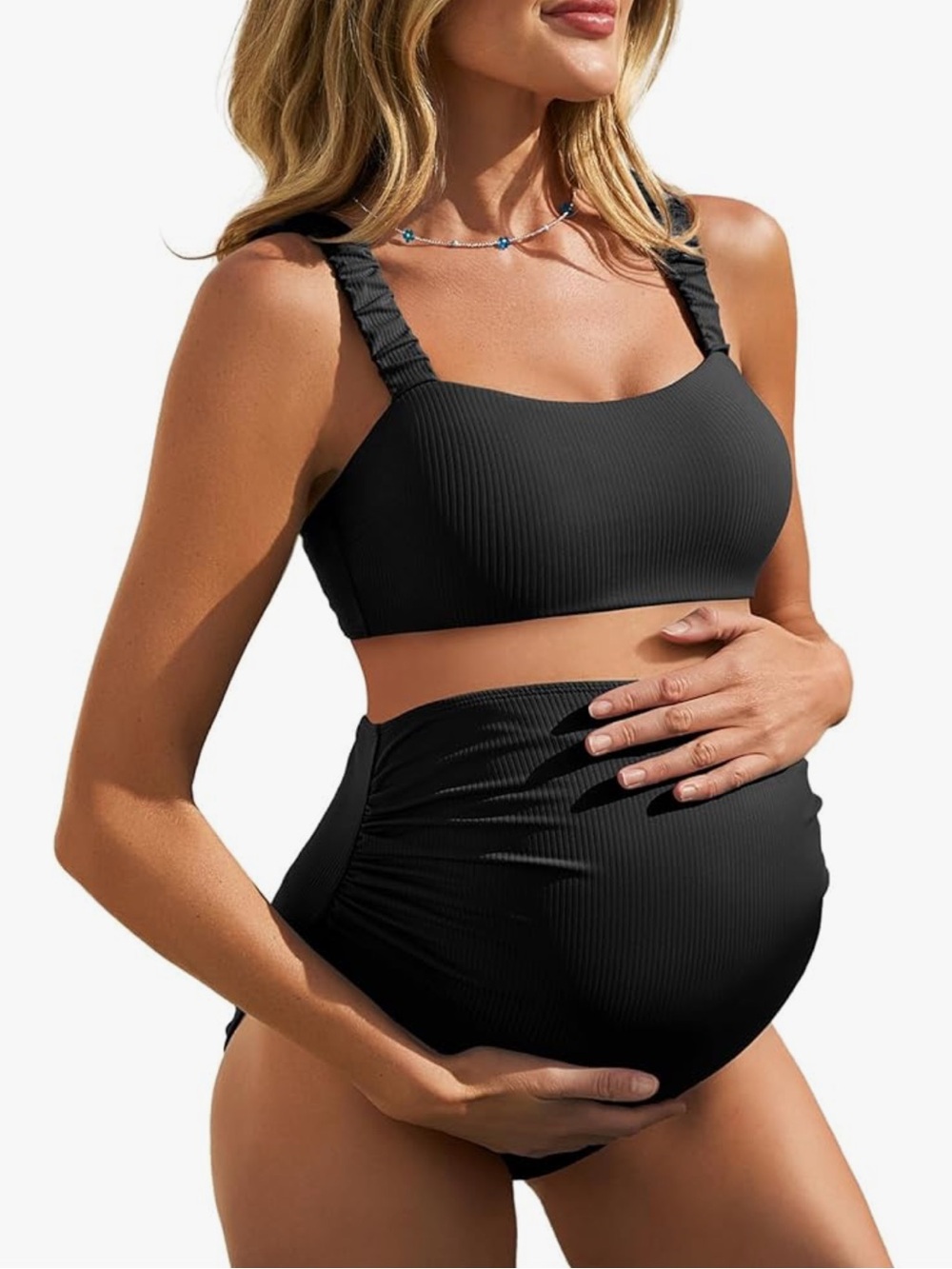 Maternity Ribbed Square Neck Black Bikini Set